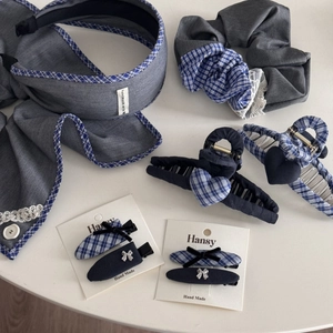 Blue and gray patchwork hair accessory set with lace details and plaid fabric patterns