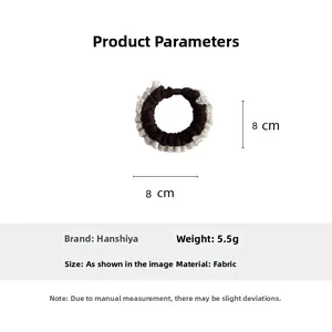 Detailed size view of black lace hair scrunchie with 8cm diameter and fabric weight info