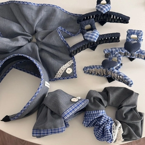Detailed set of blue-grey plaid lace hair accessories with handmade labels and pearls