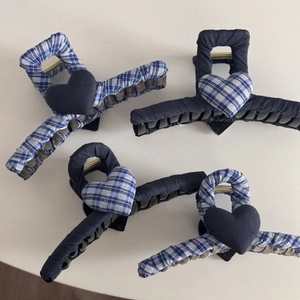 Blue and grey plaid lace hair claw clip set featuring heart-shaped fabric designs