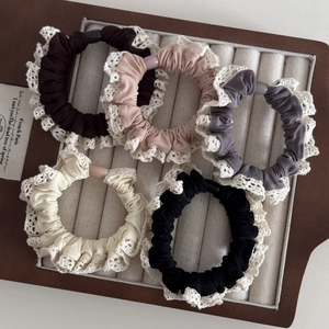 5-pack Korean lace elastic hair scrunchies set in various soft pastel aesthetic colors