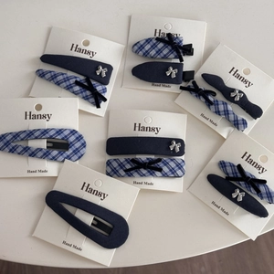 Blue and grey plaid lace hair clips and ribbon bow hairpins set on display card