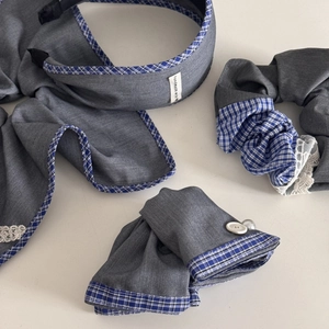 Blue-gray patchwork lace checkered headband and scrunchie set with handmade fabric details