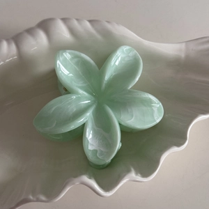 Macro detail of mint green frangipani hair claw with pearlescent marble texture