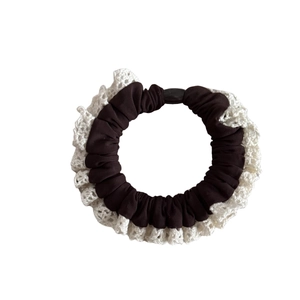 Brown pleated lace scrunchie with white scalloped crochet trim for stylish ponytails
