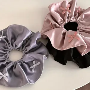 Korean Ballet Style Satin Bow Large Scrunchie Metal Tag For Women Elastic Hair Band Sweet Ponytail Hair Accessories