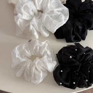 Set of 4 elegant black and white oversized scrunchies with floral texture and pearl beads