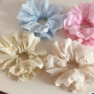 Chouchous en Dentelle à Oeillets Style Français Grands Anneaux de Cheveux en Tissu Broderie Florale pour Femmes Filles Coiffure