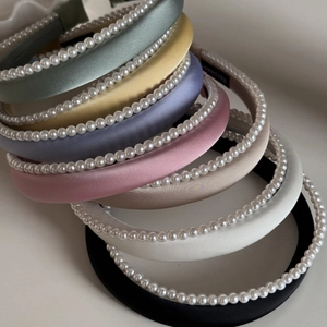 Elegant satin and pearl double-layer headbands in multiple colors for a stylish hair accessory