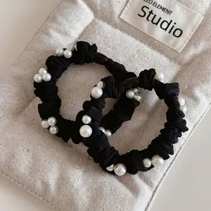 Women's Elegant Black Pleated Satin Scrunchies With White Artificial Pearl Decor High Elasticity Hair Ties Hair Accessories