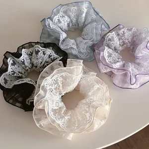 Vintage Double Layer Lace Embroidered Scrunchies Floral Mesh Hair Ties Large Elastic Hair Bands For Women Daily Fashion