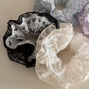 Vintage layered lace embroidery scrunchies in cream, black, blue, and purple set