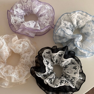Set of four vintage embroidered lace scrunchies in pastel colors and plaid patterns