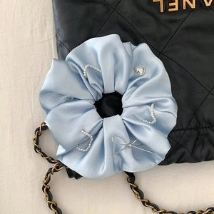 Elegant Blue Satin Scrunchie With Faux Artificial Pearls And Metal Charms Sweet Bowknot Hair Tie For Women Stylish Hair Accessories