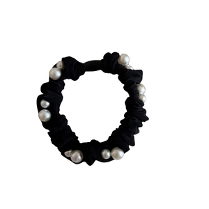 Elegant black silk satin scrunchie with faux pearls for women's high elastic ponytail