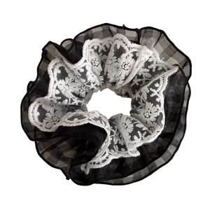 Vintage double-layered black mesh and white floral lace hair scrunchie with daisy embroidery