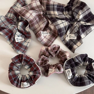 Vintage Preppy Style Plaid Fabric Hair Scrunchies With Decorative Button And Handmade Label Large Ruffle Hair Tie Headwear