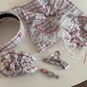 Ensemble de 5 accessoires de cheveux à carreaux roses avec dentelle et nœuds cœurs