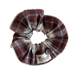 Classic plaid scrunchie with button and handmade label for elegant hair styling