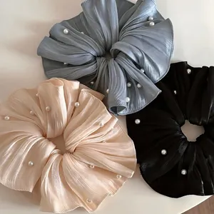 French Artificial Pearl Pleated Chiffon Scrunchies Elegant Satin Hair Ties For Women Vintage Large Hair Accessories Elastic Bands