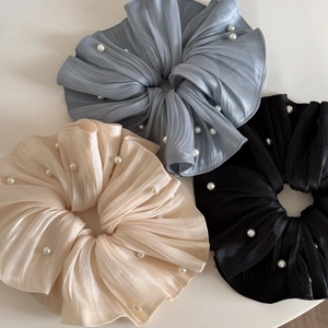 Set of three French style beaded pearl pleated chiffon scrunchies in blue, beige and black