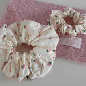 Set of two strawberry print fabric scrunchies in cream and pink for girls hair accessories
