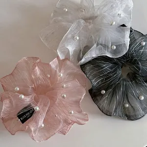 Korean Organza Artificial Pearl Scrunchie Shiny Silver Metallic Thread Pleated Elastic Hair Band For Women Fashion Hair Accessory