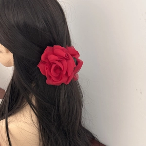 Elegant large red chiffon rose hair claw clip for women stylish floral headpiece accessory