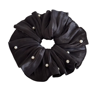 French style pleated black chiffon scrunchie with white pearl embellishments for women