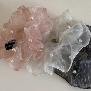 Three-pack sheer organza hair scrunchies with pearls in pink, white, and grey colors