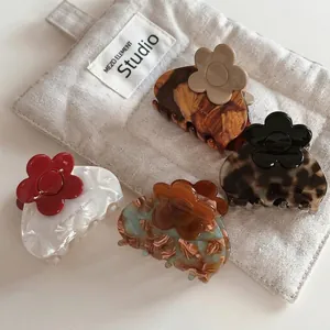 French Style Acetate Flower Hair Claw Clip For Women Vintage Marble Tortoiseshell Pattern Medium Shark Clip Hair Accessories
