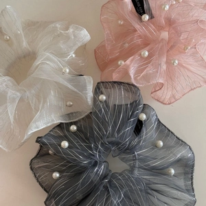 Elegant organza scrunchies with silver glitter threads and faux pearls in three colors