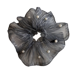Dark grey organza scrunchie with silver stripes and white pearls for hair styling