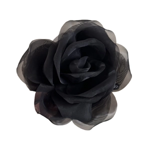 Elegant black chiffon rose hair claw clip with a minimalist 3D petal design on white background
