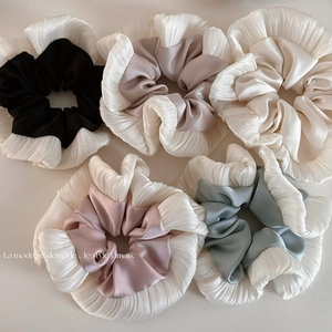 Women Elegant Pleated Satin Scrunchies Soft Elastic Hair Ring With Fungus Edge Korean Style Patchwork Headwear Accessories
