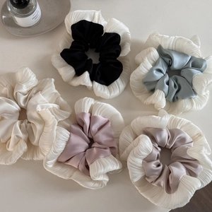 5-piece set of oversized pleated satin scrunchies in black, blue, pink, and ivory white