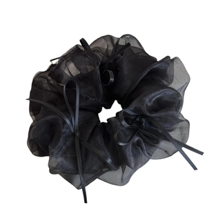 Elegant black organza scrunchie with delicate ribbon bows for ballet core aesthetic styles