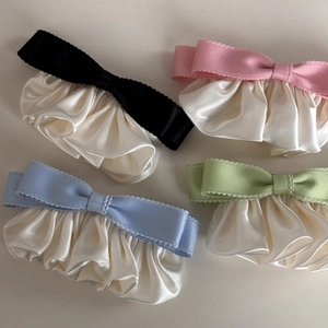 Elegant satin bow hair clips with ruffle edge trim in black pink blue and green colors