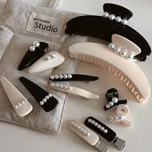 Pinza para el Pelo Francesa con Perlas Artificiales de Imitación Resina Negra Blanca Crema Accesorios para el Cabello de Mujer