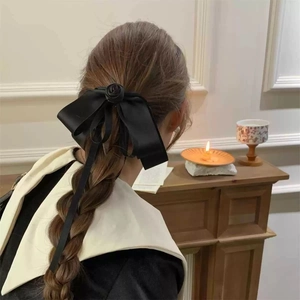 Vintage Black Satin Rose Bow Hair Clip With Long Streamers Elegant Handmade Spring Hair Accessory For Women Party Daily Decor