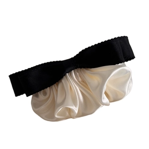 French vintage ruffled bow spring hair clip with black and cream color-blocking