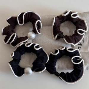Set of four French style scrunchies with white contrast trim and pearl bead accents