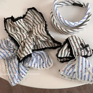 Dolce Set Accessori Capelli a Righe Cuore Rosso Scrunchie Pizzo Fascia Tessuto Stampa Floreale Fiocco Pinza per Capelli Donna