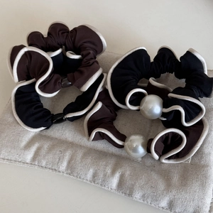 French style satin hair scrunchies with white trim and pearls in black and brown colors