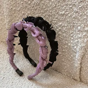 Elegant Rhinestone Bow Gauze Pleated Headband Anti-Slip Teeth Hair Band Women Stylish High Crown Hair Hoop Hair Accessories