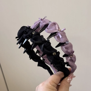 Rhinestone bow pleated non-slip headbands in black and purple with teeth design