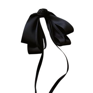 Elegant black satin ribbon bow hair clip with rose decoration and long streamers