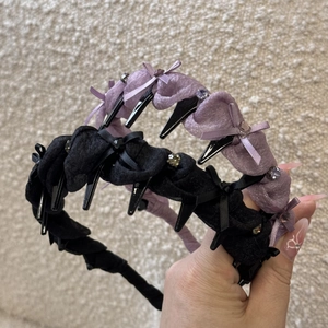 Sparkling rhinestone bow pleated headbands in black and lavender with anti-slip inner teeth