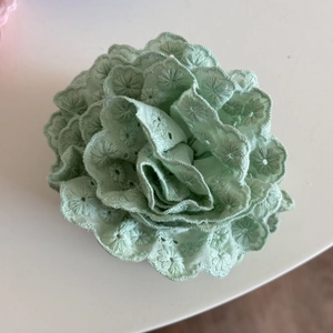 Détail rapproché d'une pince à cheveux fleurie en dentelle vert menthe brodée