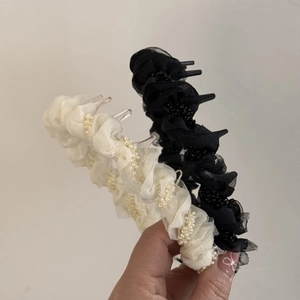 Serre-têtes en tulle plissé avec petites perles et dents antidérapantes en noir et blanc